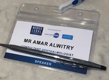 Mr Amar Alwitry Consultant Opthalmologist Speaker identity card